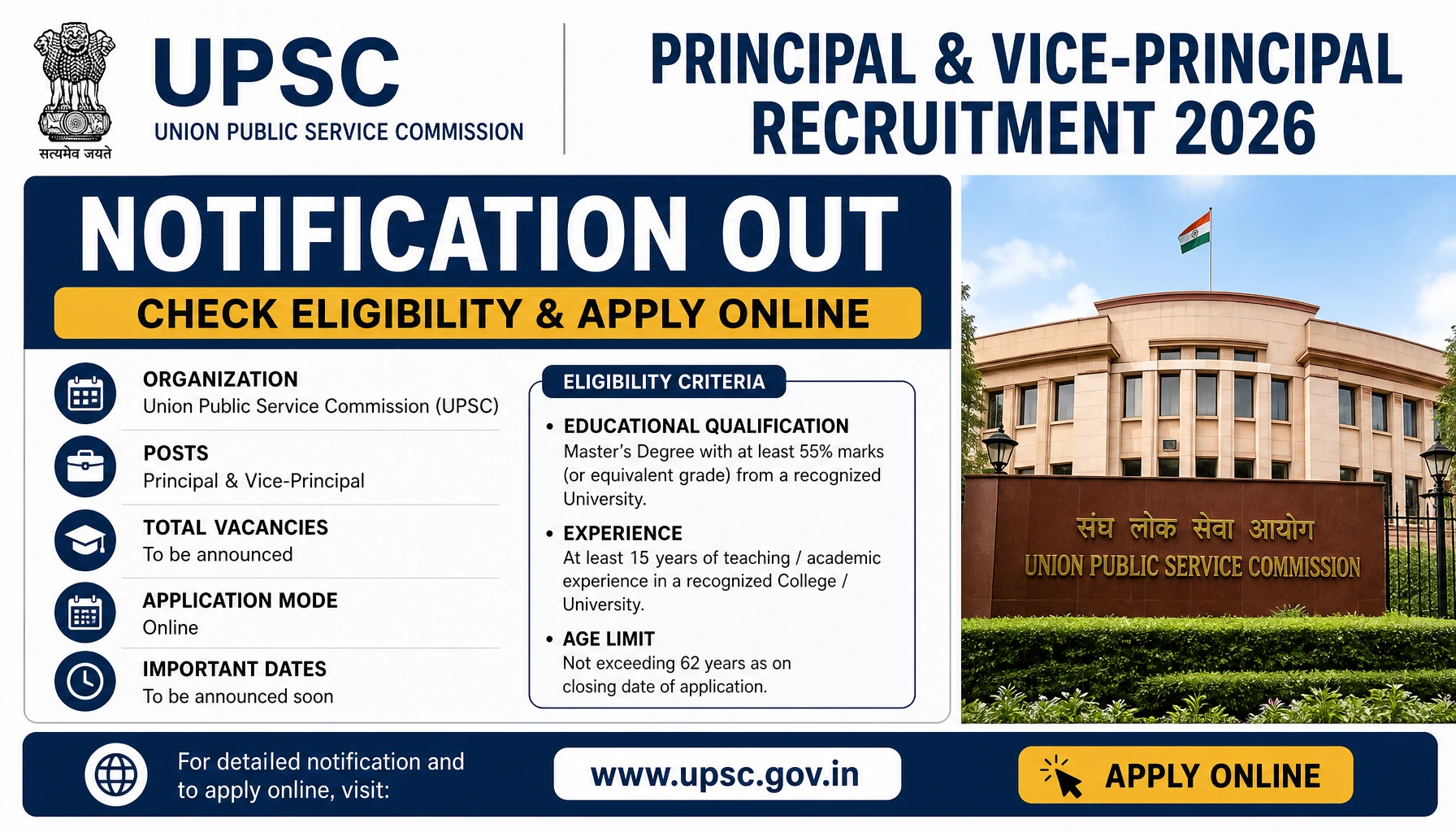 UPSC Principal and Vice-Principal Recruitment 2026 — Notification Out, Check Eligibility